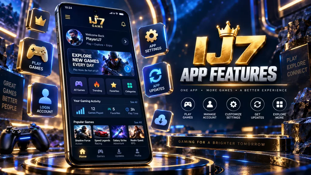 IJ7 game features showing mobile gaming, account login, app settings and updates on Android